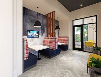 a rendering of a restaurant with a black and white checkered tile floor and blue booths at Altis Grand Lake Willis, Orlando, FL