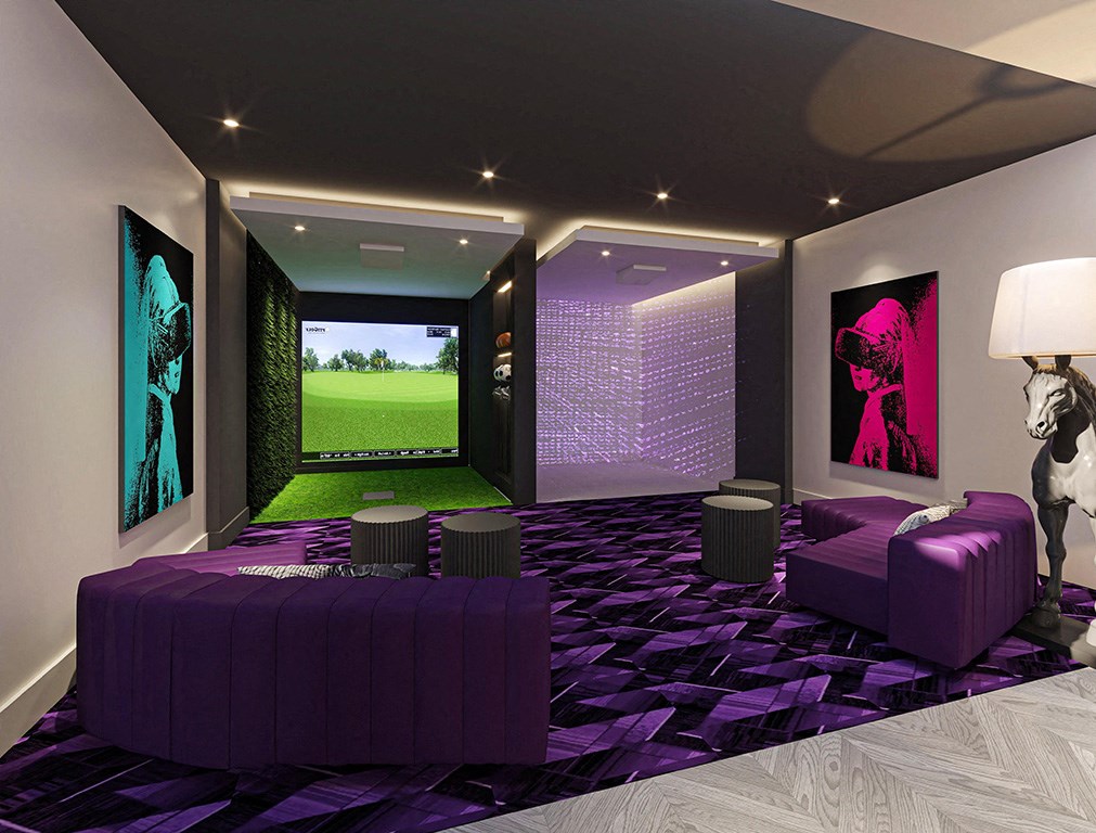 a rendering of a turf club room with purple couches and a large screen on the wall at Altis Grand Lake Willis, Orlando, 32821