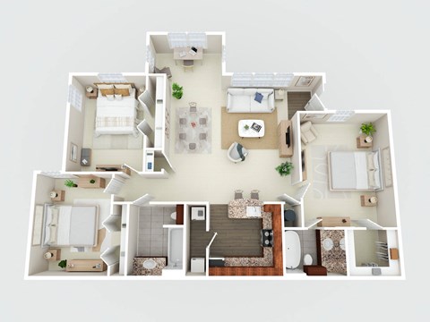 a 3d floor plan of a house with bedrooms and a living room