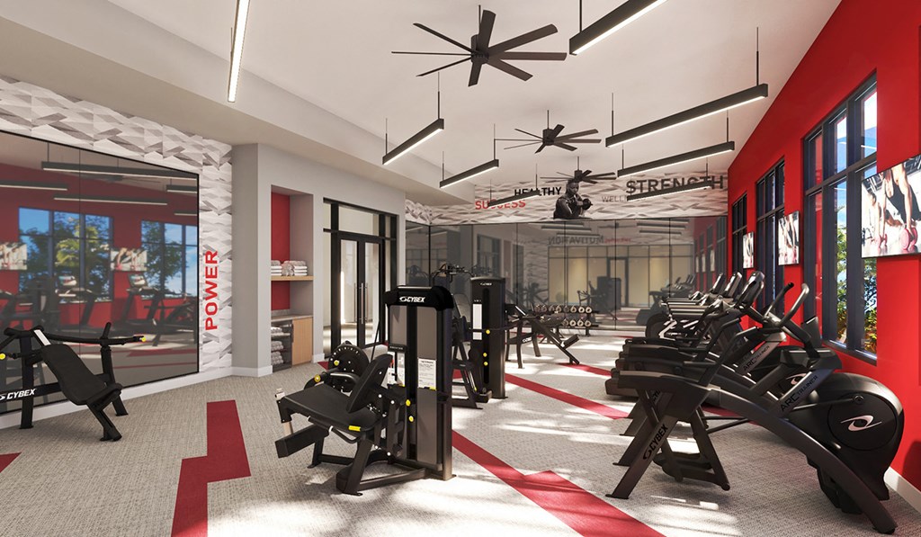 a rendering of a gym with treadmills and other exercise equipment at Altis Grand Lake Willis, Orlando, FL