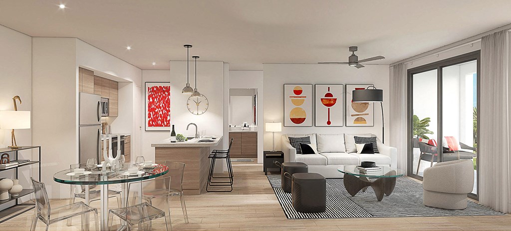 a rendering of a living room and kitchen in a 555 waverly unit at Altis Grand Lake Willis, Orlando, 32821