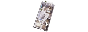 A top-down view of a modern apartment layout.