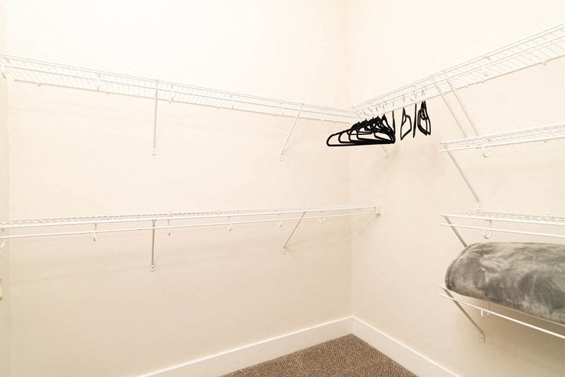 a white closet with shelves and a bed in it