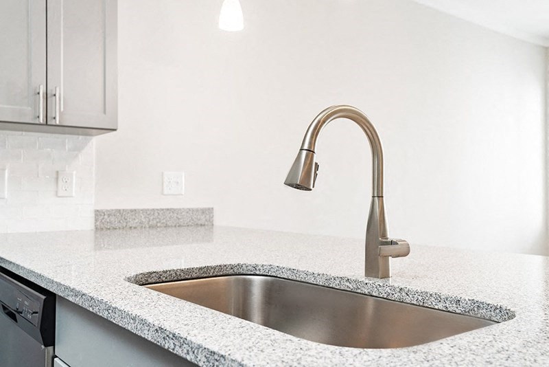 a kitchen counter with a sink and a wall with pictures of people