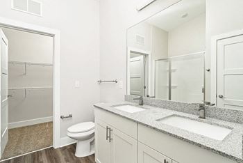 a bathroom with a mirror and a toilet and a sink