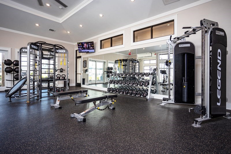 the gym is equipped with weights and cardio equipment
