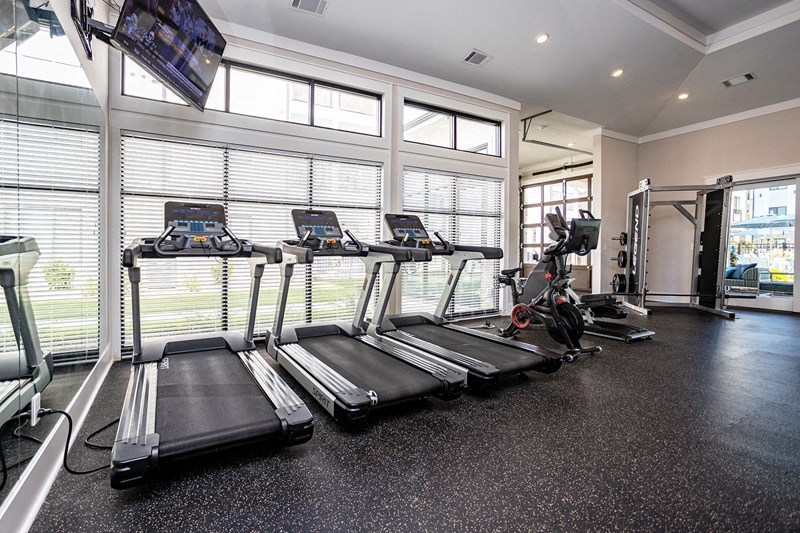 the gym is equipped with cardio equipment and windows