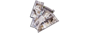 A 3D floor plan of a house with multiple rooms and a kitchen.