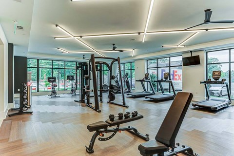 the gym has plenty of equipment and floor to ceiling windows