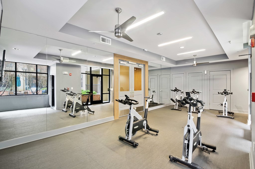 A gym with a row of stationary bikes and a mirrored wall.