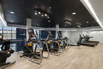 A gym with a row of stationary bikes.