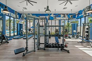 A gym with a variety of equipment including weights and a bench.