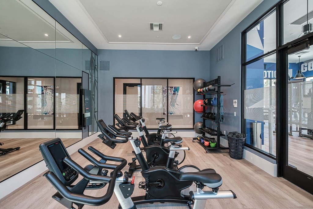 a home gym with a row of chairs in front of windows