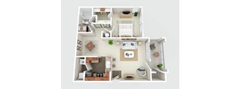 a 3d drawing of a house with a bedroom and a living room