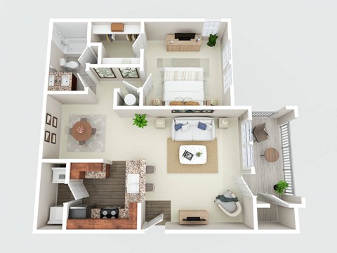 a 3d drawing of a house with a bedroom and a living room