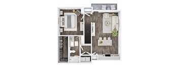 A top-down view of a modern, minimalist apartment with a kitchen, living room, and bathroom.