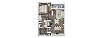 A top-down view of a small apartment layout with a kitchen, living room, and bedroom.