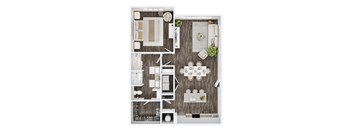 A top-down view of a modern apartment layout with a kitchen, living room, and bathroom.