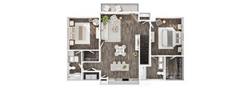 A top-down view of a modern apartment layout with a kitchen, living room, and bathroom.