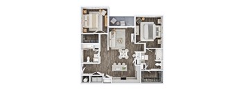 A top-down view of a small apartment with a kitchen, living room, and bathroom.