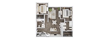 A top-down view of a well-organized apartment with a kitchen, living room, and bathroom.