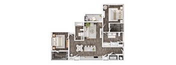 A top-down view of a kitchen with a dining area and living room.