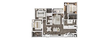 A top-down view of a well-organized apartment with a kitchen, living room, and bedroom.