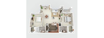 a bedroom floor plan is shown with furniture and a living room