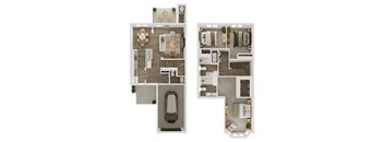 a floor plan of a house with two bedrooms and a parking lot
