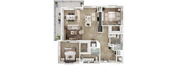 a 2 bedroom apartment with a bathroom and a living room