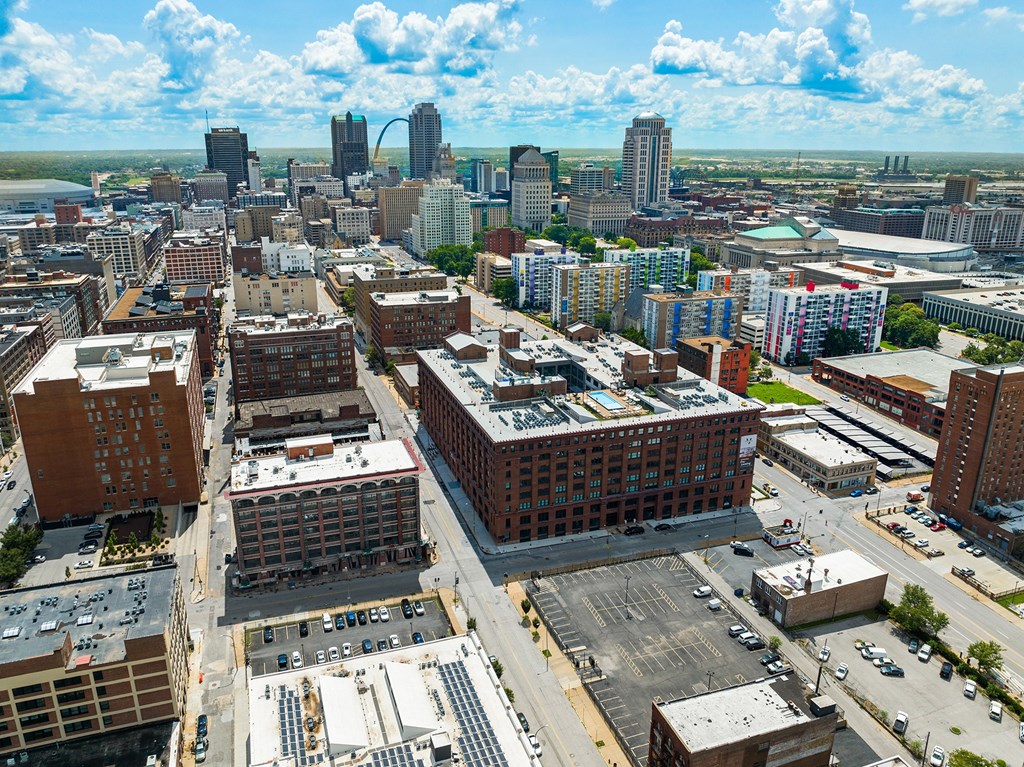a view of downtown st. louis from the top of the gateway arch
