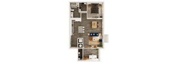 A top-down view of a small apartment layout with a kitchen, living room, and bedrooms.