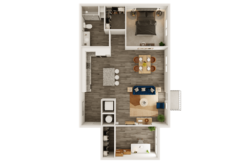A top-down view of a small apartment layout with a kitchen, living room, and bedrooms.