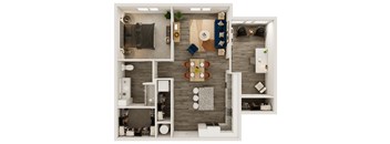 A top-down view of a modern apartment layout with a living room, kitchen, and bedrooms.