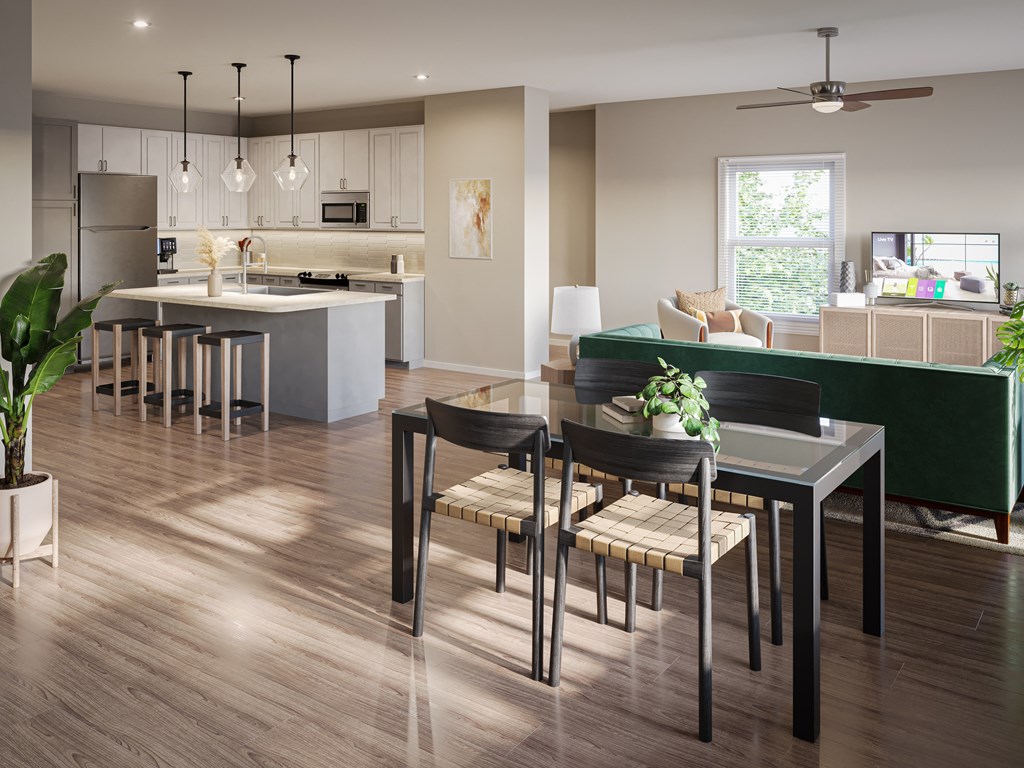 Pet-Friendly Apartments in Huntsville, AL - Paxton Place - Interior of Apartment With Kitchen and Living Room View, with Plank Wood Flooring and Lights