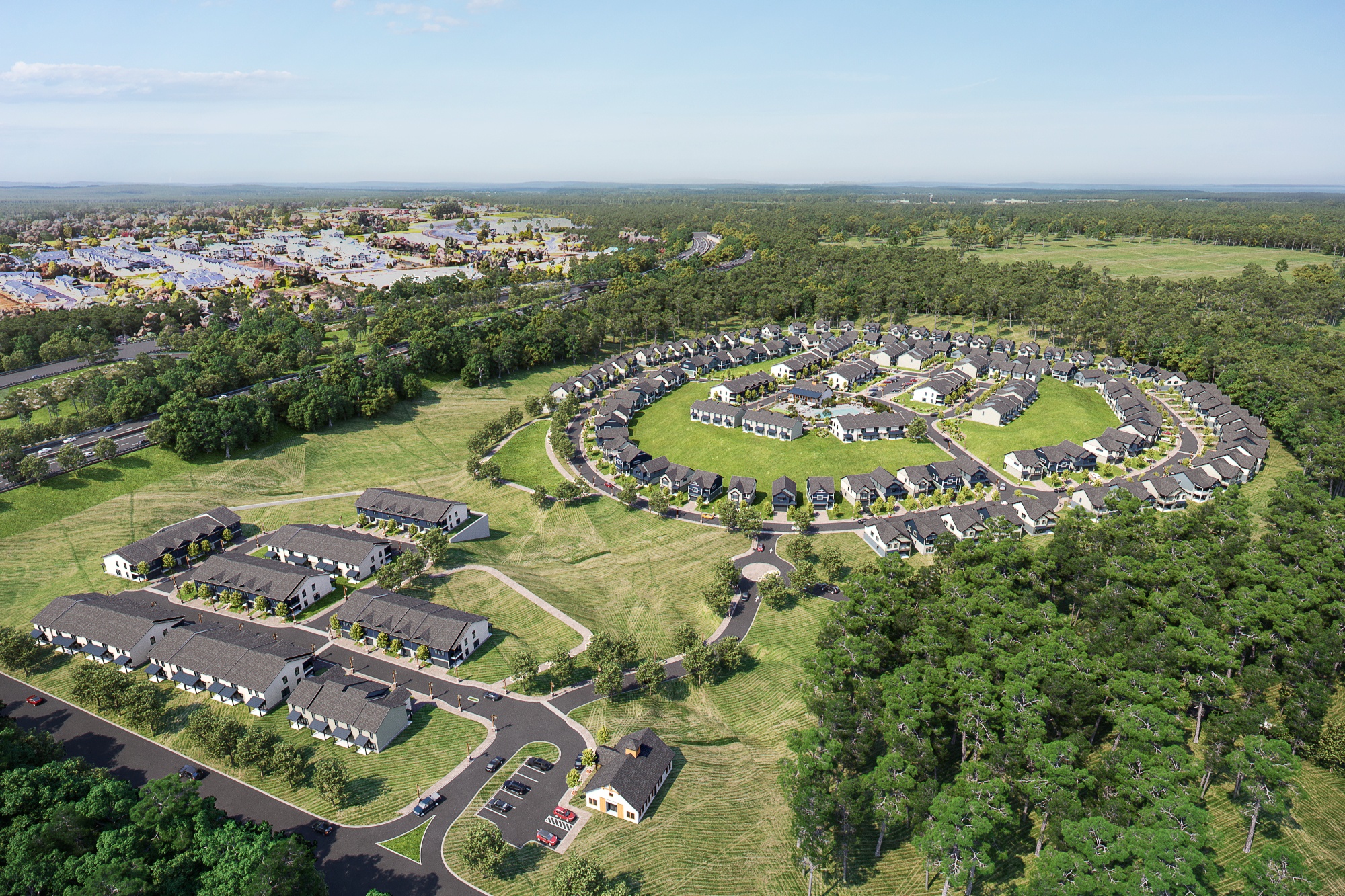 A bird's eye view of a residential area with houses and a roundabout.
