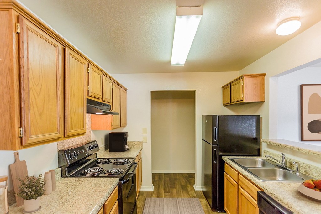 a kitchen with a stove refrigerator and a sink