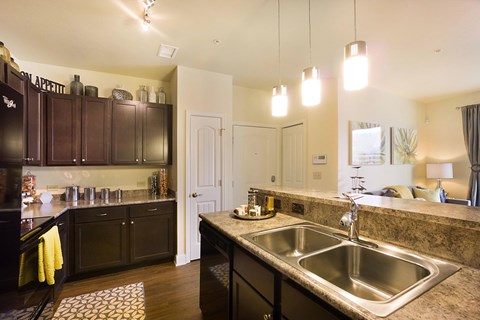 A kitchen with a sink and cabinets.