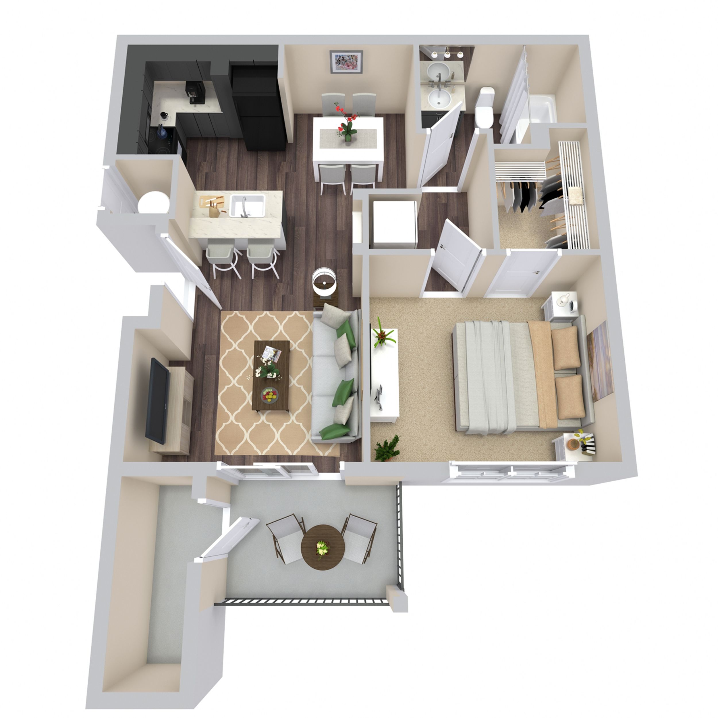 A 3D floor plan of a house with a kitchen, living room, dining room, and bedrooms.