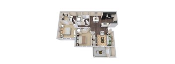 A 3D floor plan of a house with a kitchen, living room, and bedrooms.
