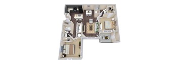 A top-down view of a house layout with a living room, dining area, kitchen, and bedrooms.