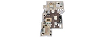 A 3D floor plan of a house showing a living room, kitchen, and bedrooms.