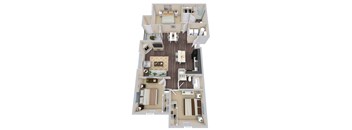 A top-down view of a two-story apartment with a living room, kitchen, and bedrooms.
