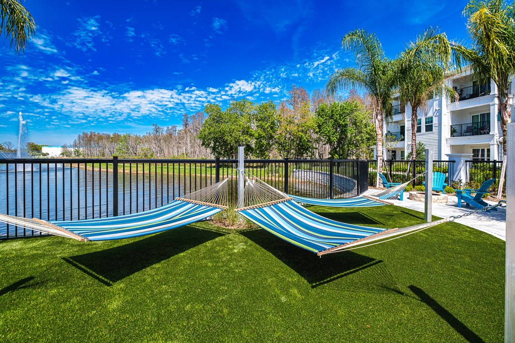 a composite image of a hammock on the grass next to a pool