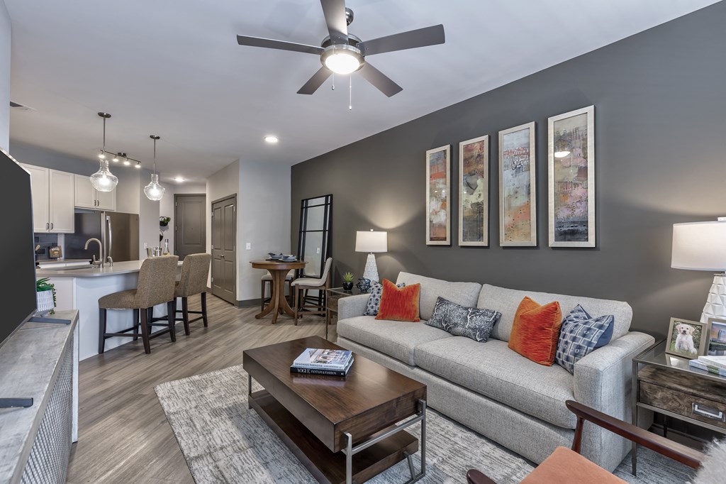a living room with a couch and a coffee table