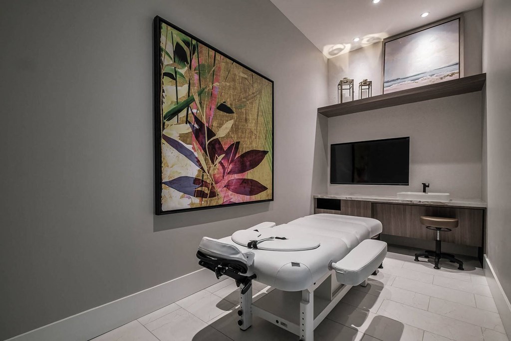 a spa room with a massage table and a tv