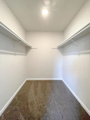 a spacious room with two closets and a carpeted floor