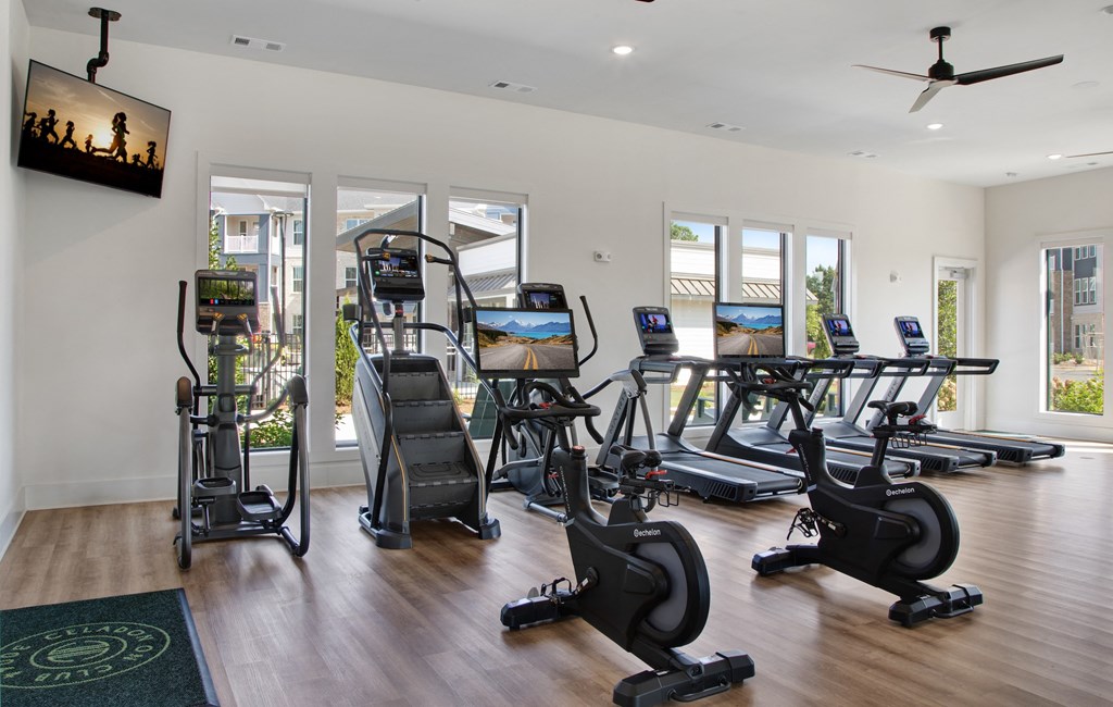 a gym with cardio equipment and a flat screen tv