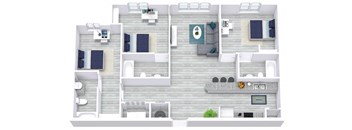 A top-down view of a two-bedroom apartment with a living room, kitchen, and bathroom.