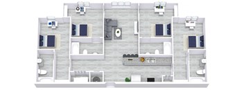 A 3D rendered image of a house layout.